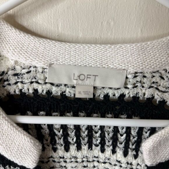 Loft Black White Striped Open Knit Split Neck Pullover Sweater Chunky - Picture 4 of 7